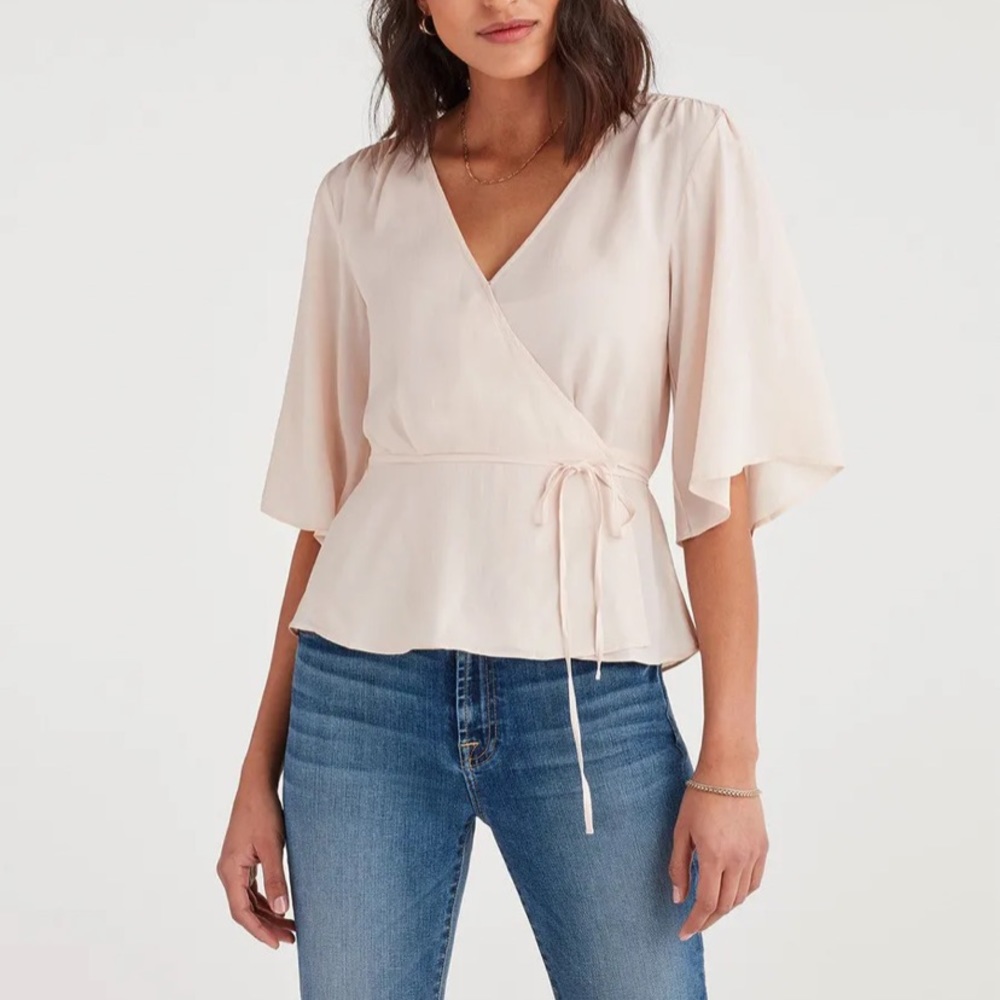7 For All Mankind Wrap Front Short Sleeve Top In Pink Sunrise